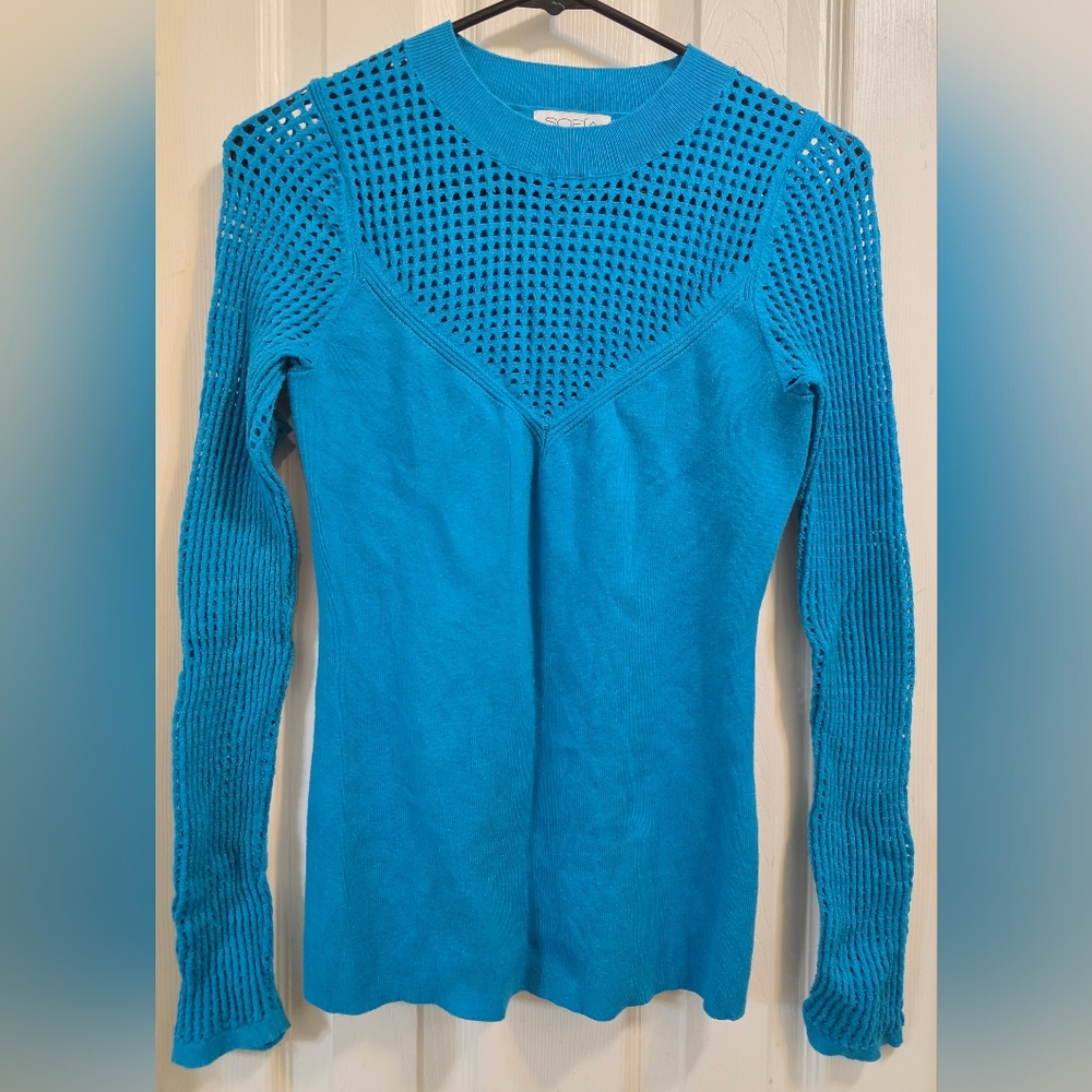 EUC Sofia Jeans V-Neck Mesh Pullover Sweater in Mykonos Blue